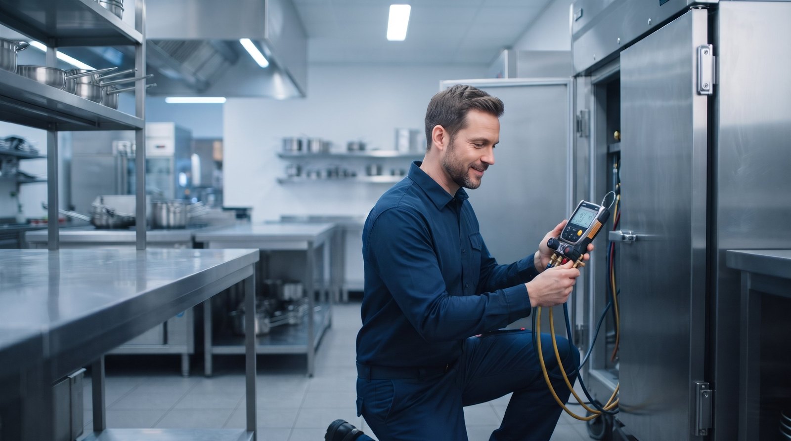 Técnico de refrigeração verificando um equipamento em cozinha profissional