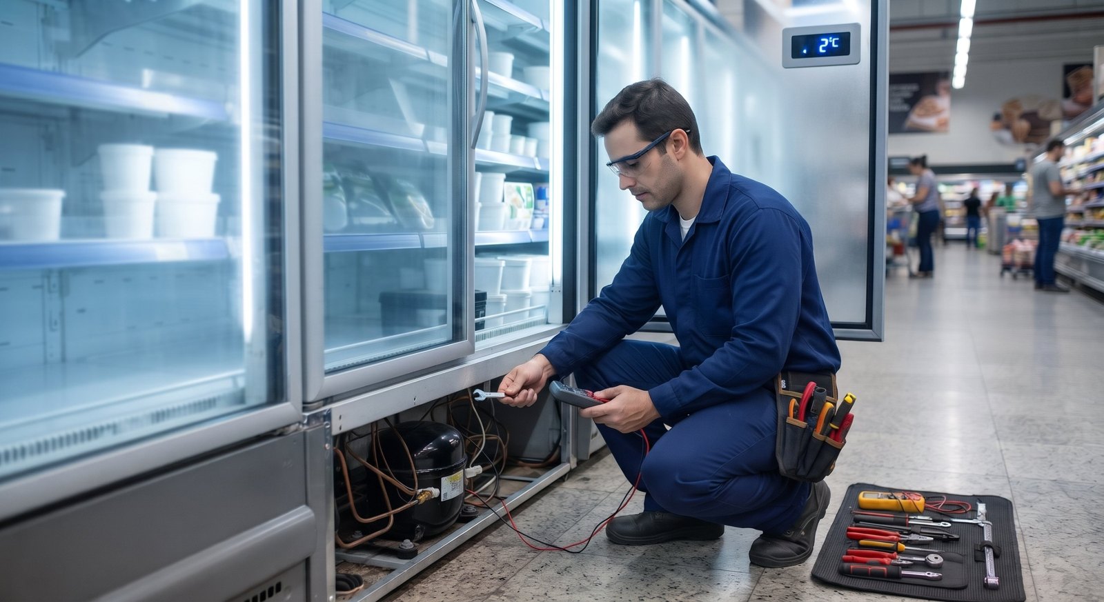 Técnico verificando freezer de supermercado