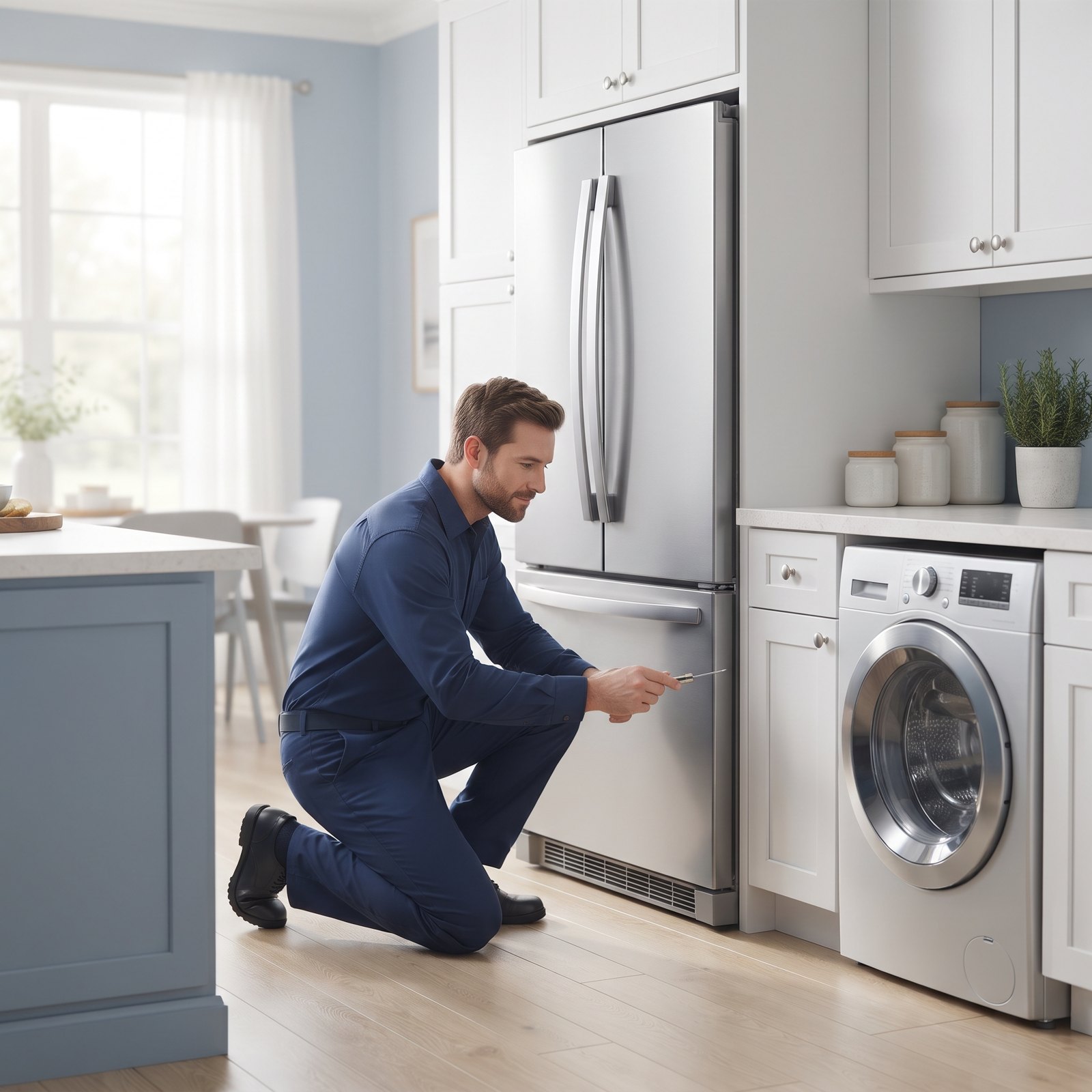 Geladeira e lavadora em cozinha residencial